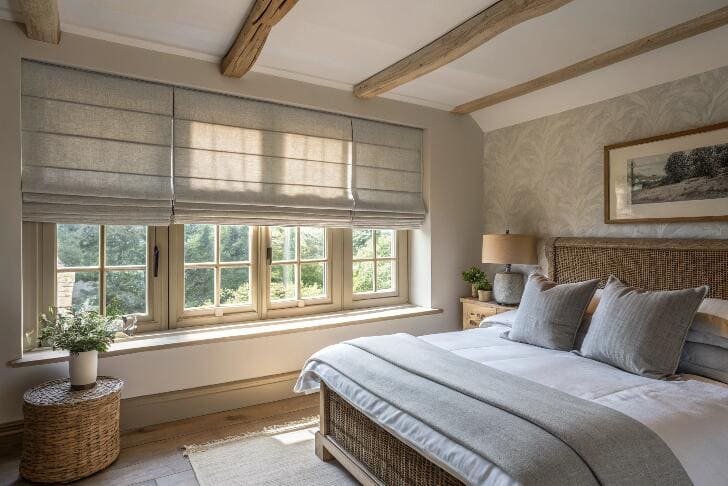 Charming bedroom with wooden beams and gray Roman blinds for light control.