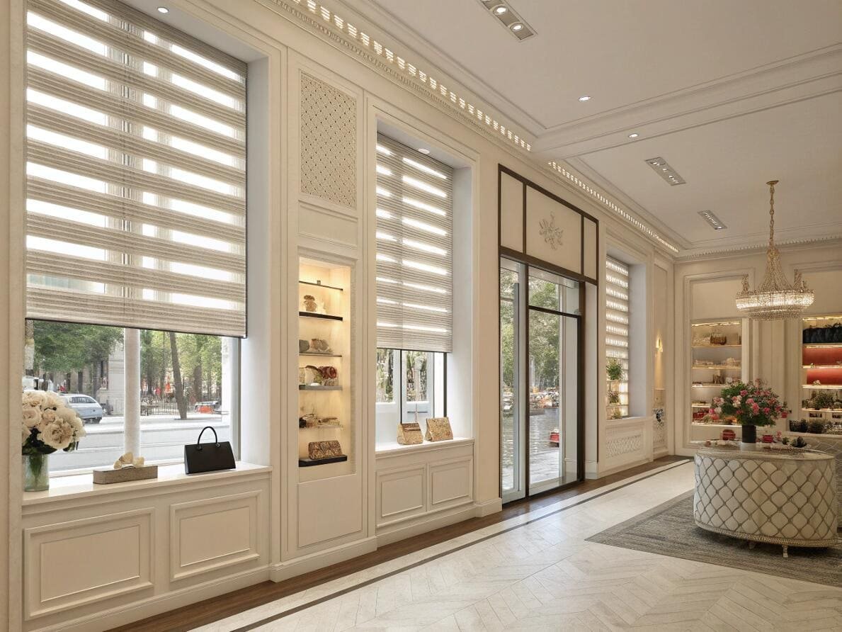 Luxury retail boutique featuring dual zebra shades for stylish and adjustable light control.