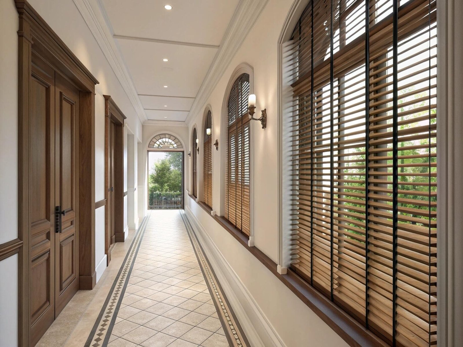 Classic hallway featuring custom-fit wooden venetian blinds on elegant arched windows.
