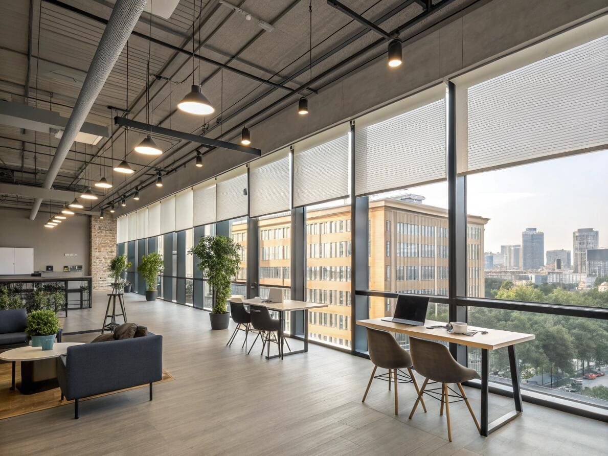 Energy-efficient cellular shades in a large, industrial-style open-plan commercial office.