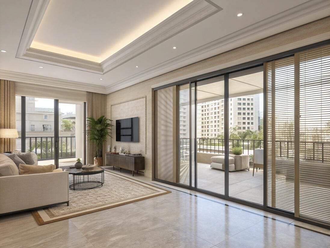 Bright apartment living room with sleek venetian blinds on sliding balcony doors.