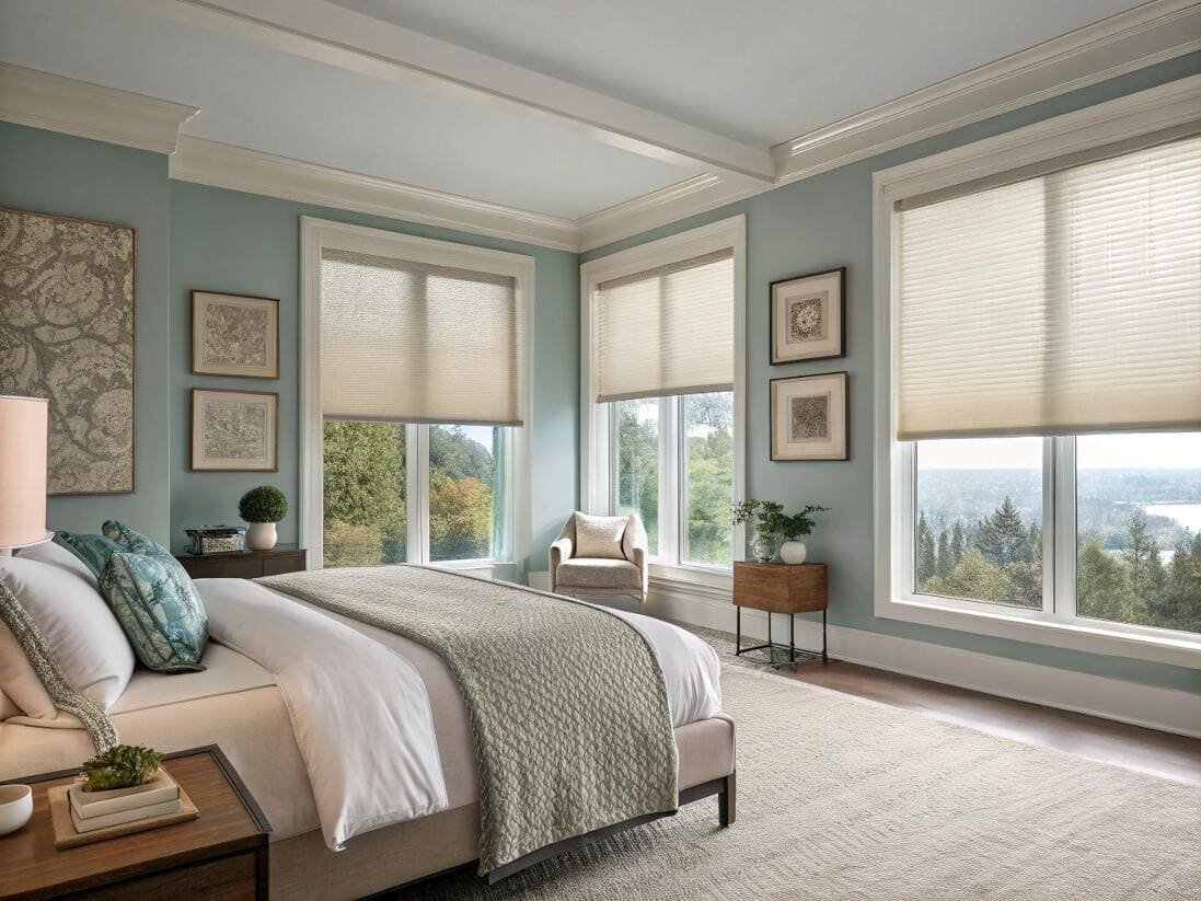 Energy-efficient cellular shades create a soft, light-filtered ambiance in a peaceful bedroom.