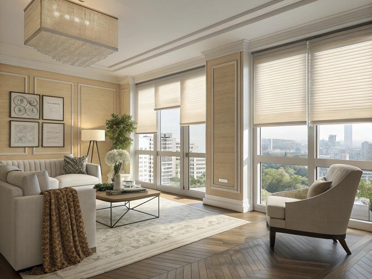 Light-filtering cellular shades complement a bright, classic living room with large windows.