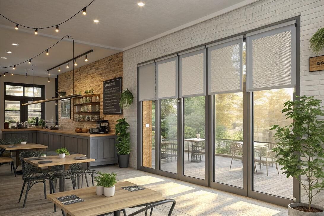 Cafe interior with large glass doors featuring light fabric roller shades.