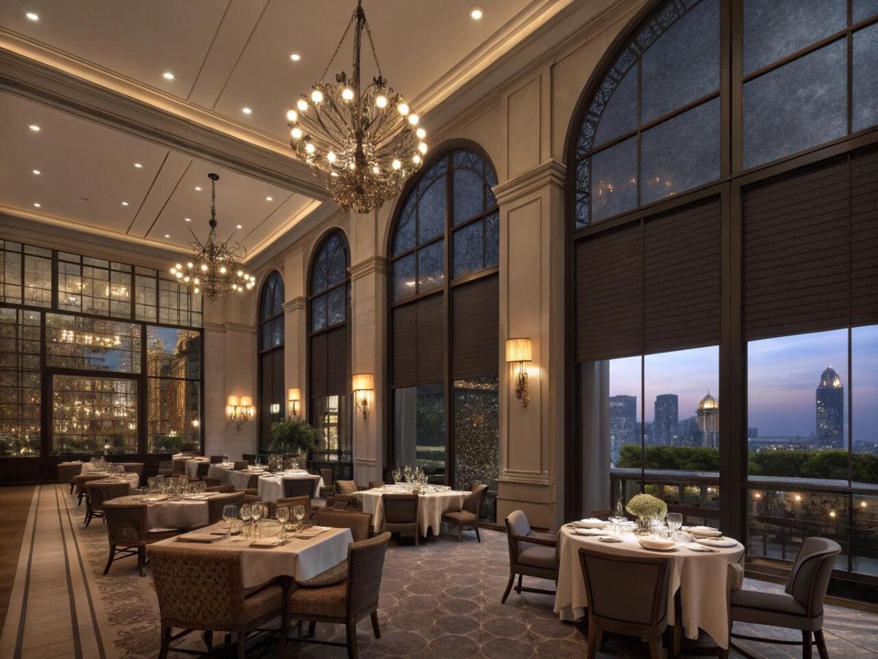 Motorized blackout shades manage light in a restaurant with large arched windows.