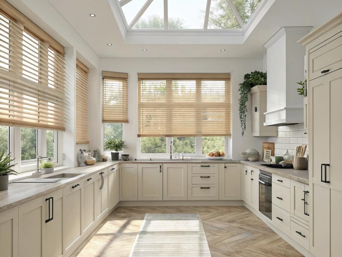 Natural wood blinds complement a bright, modern kitchen with a large skylight.