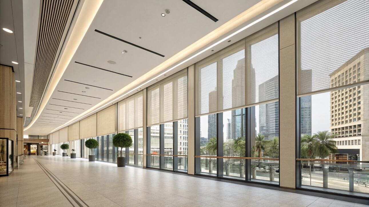 Automated solar shades manage sunlight across a large commercial building's glass corridor.