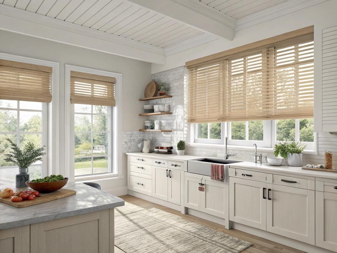 Natural wood blinds add warmth and style to a modern farmhouse kitchen design.