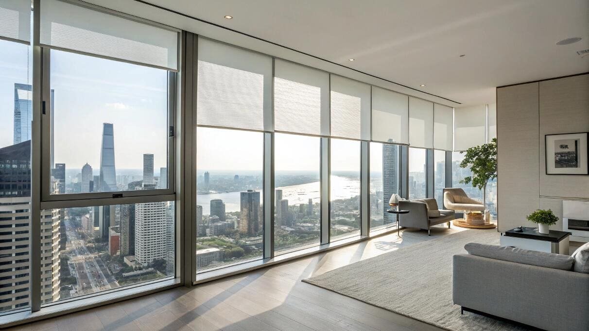 Motorized roller shades offer seamless views and light control in a modern penthouse.