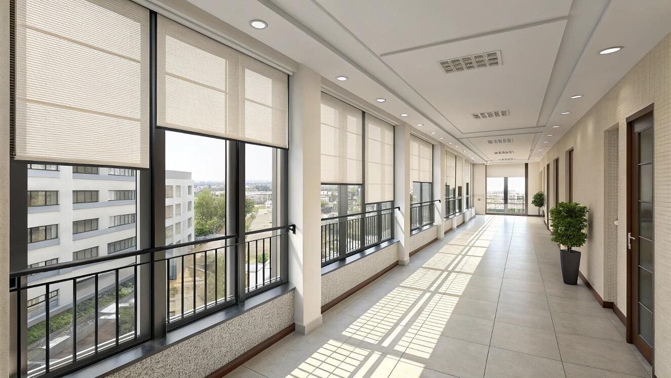 Top-down bottom-up cellular shades manage light and privacy in a bright building hallway.