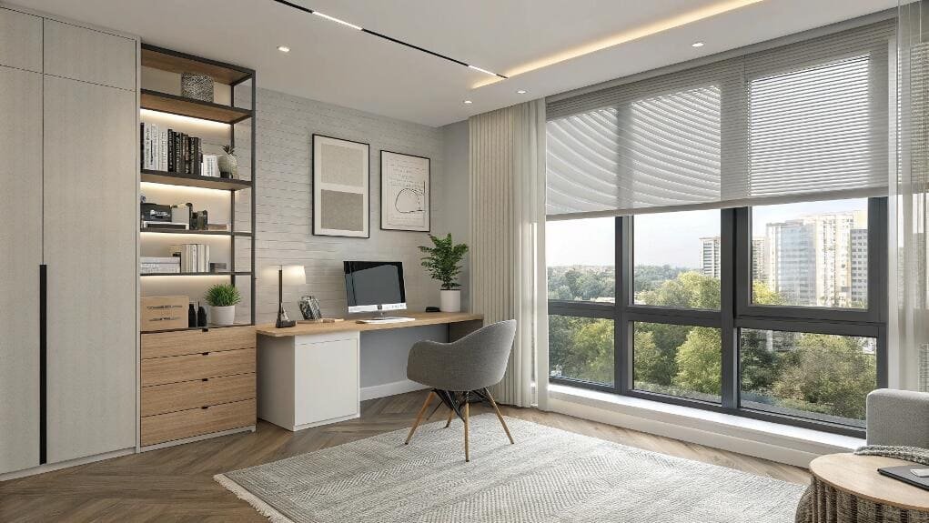 Light-filtering pleated blinds offer sleek light control for a contemporary home office.