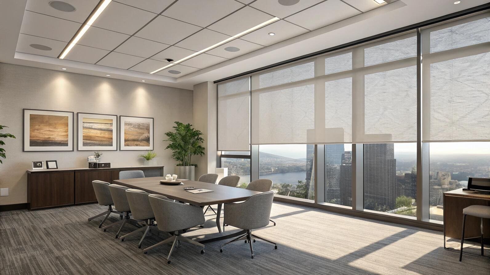 Solar shades reduce glare while preserving the view in a modern executive boardroom.