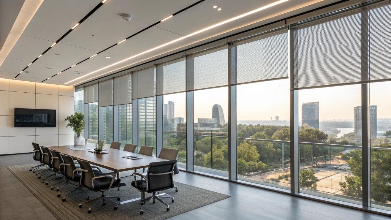 Commercial roller shades provide sun control for a modern high-rise boardroom.