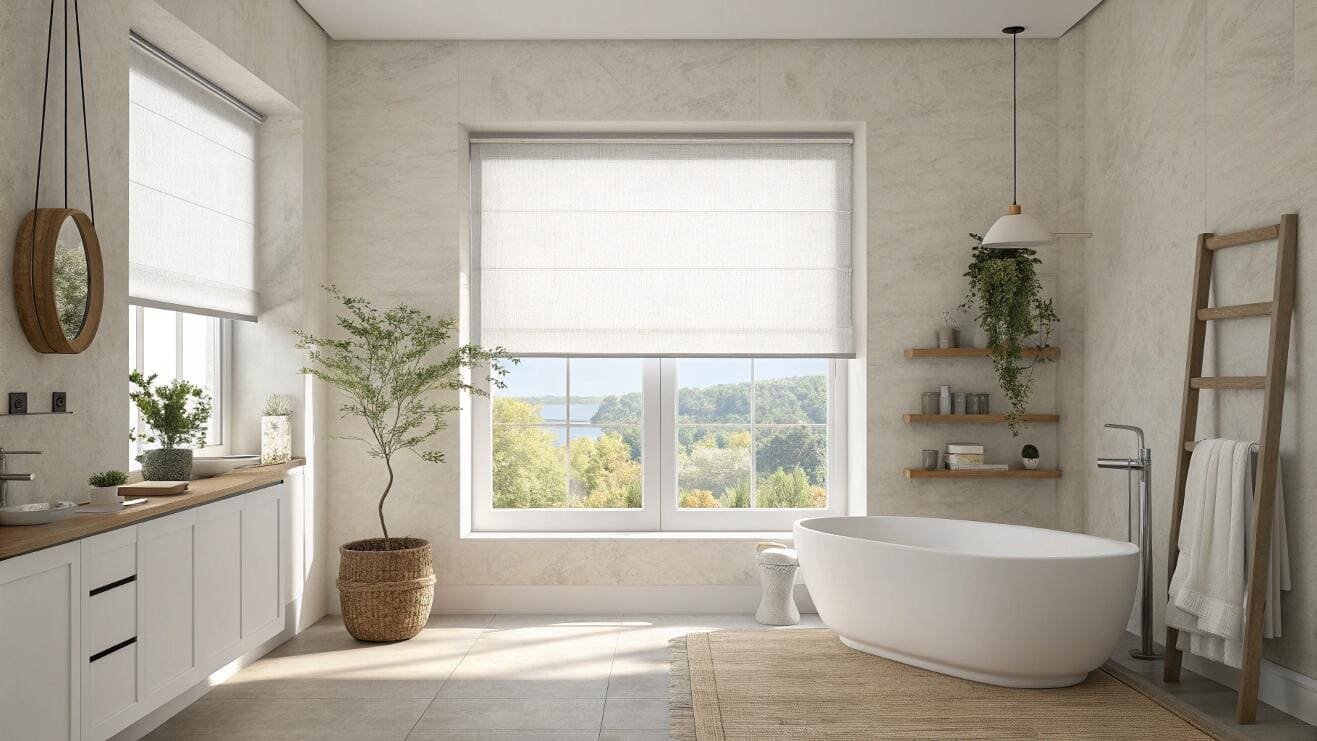 Light-filtering Roman shades provide soft, diffused light for a serene bathroom interior.