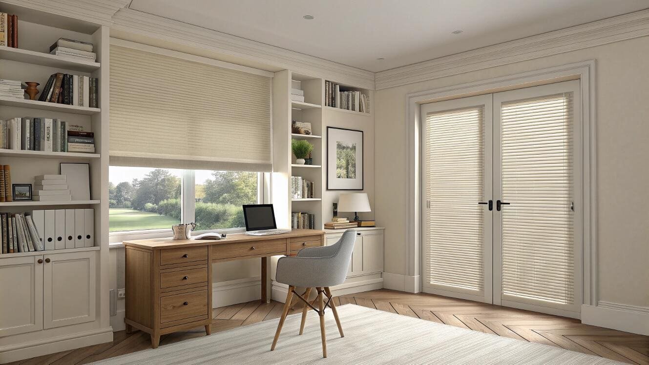 Pleated shades provide light-filtering privacy for a home office with French doors.