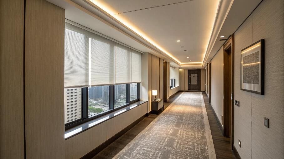 Modern office hallway with sleek light-filtering roller shades and city view.