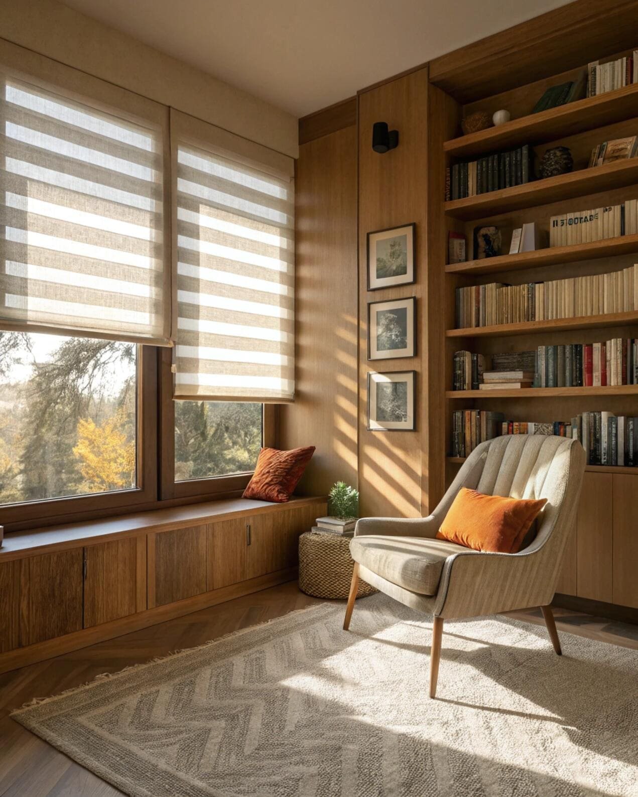 Cozy reading nook with wooden bookshelves and warm light filtering through zebra blinds.