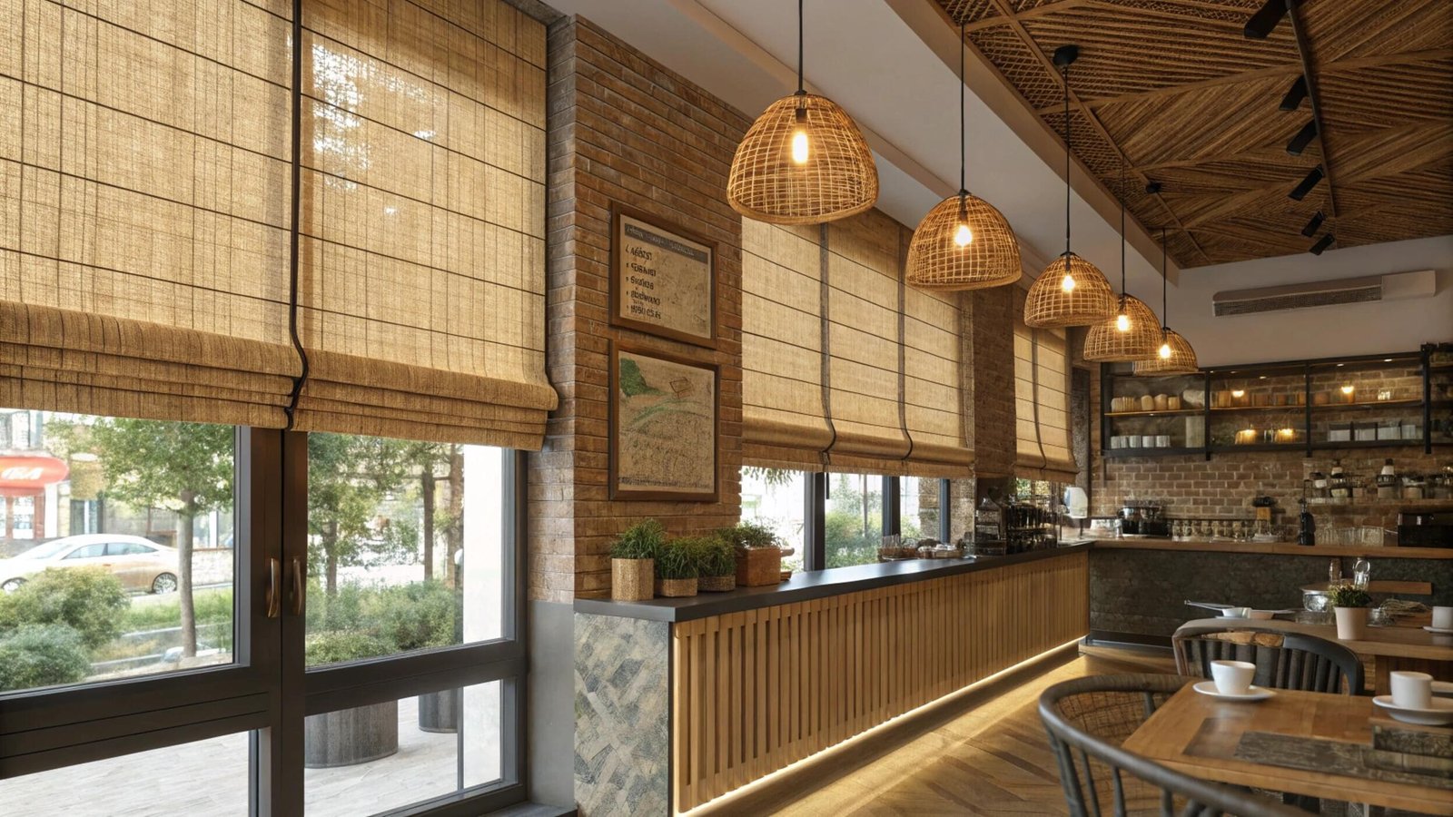 Industrial cafe with natural woven Roman shades on large windows.
