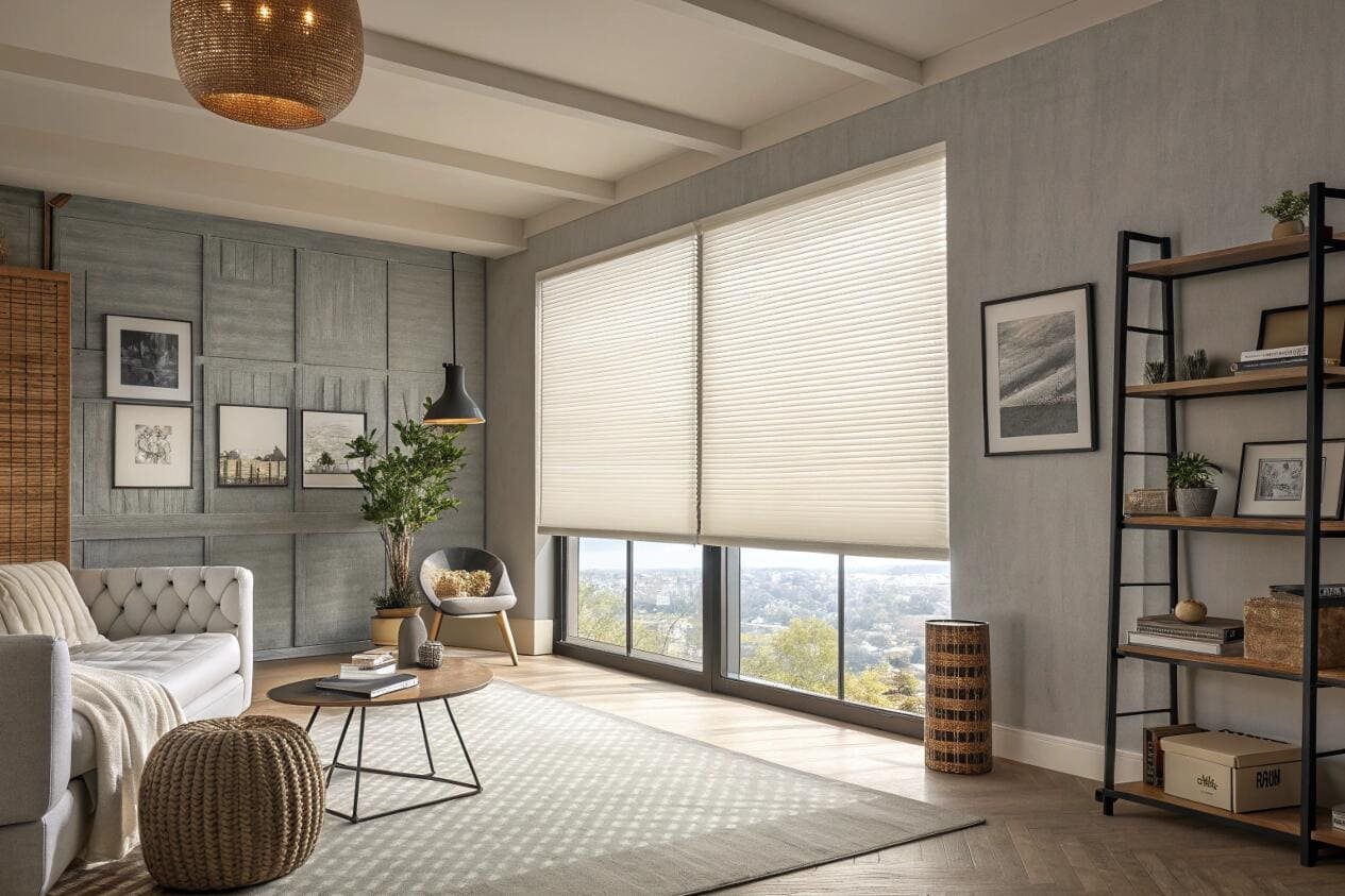 Stylish living room with city view and energy-saving honeycomb window shades.
