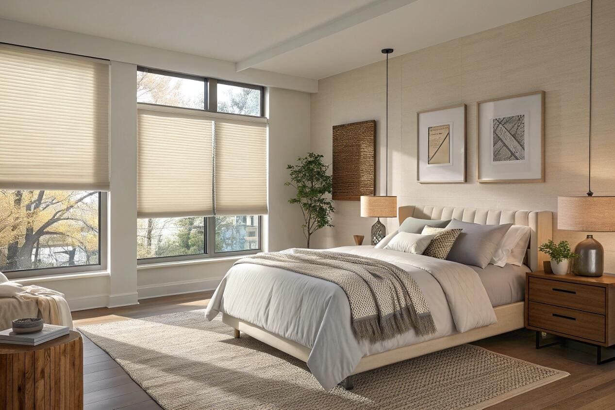 Bright bedroom with large windows and light-colored cellular shades.