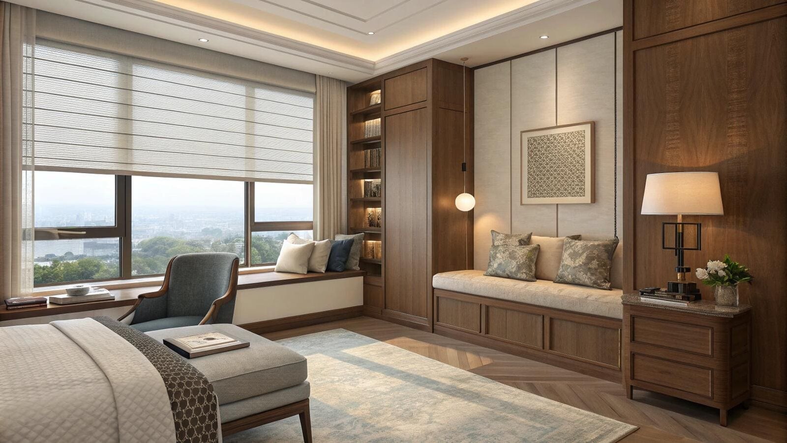Elegant bedroom with city view and light-filtering Roman shades.
