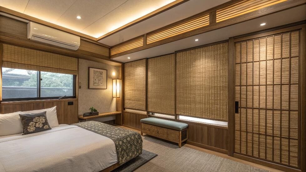 Zen-inspired bedroom featuring natural woven shades and Japanese-style decor.