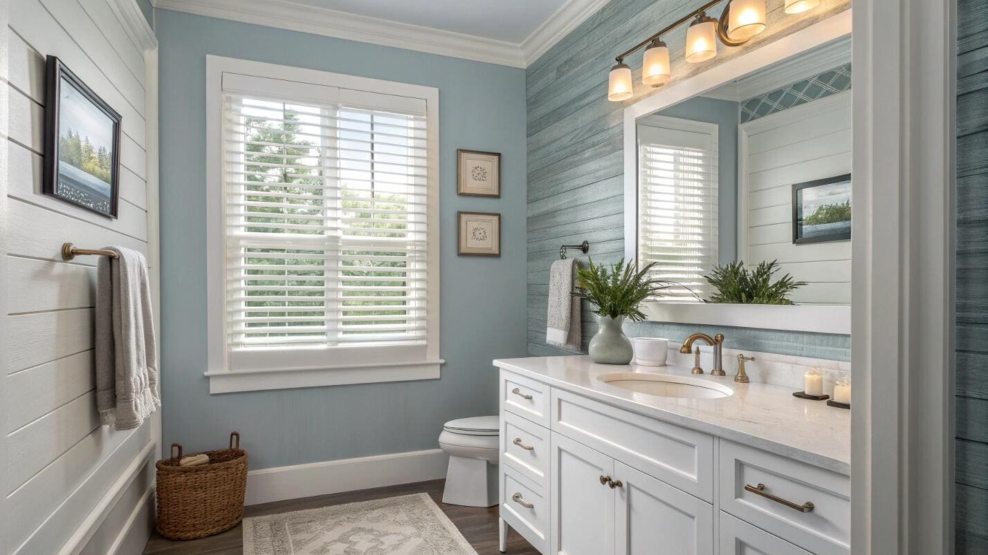 Stylish bathroom with blue walls and crisp white horizontal blinds.