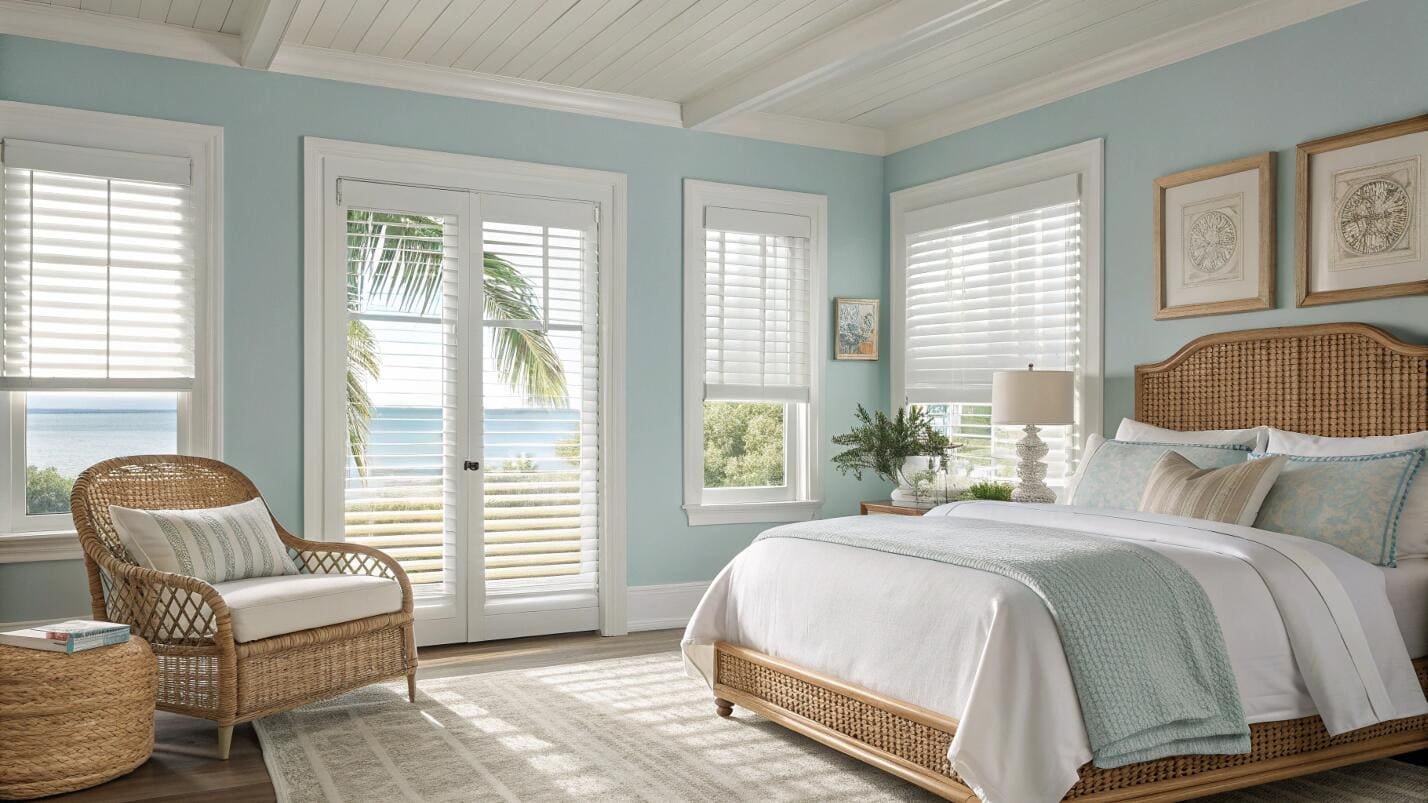 Coastal bedroom with ocean views and white horizontal blinds for privacy.