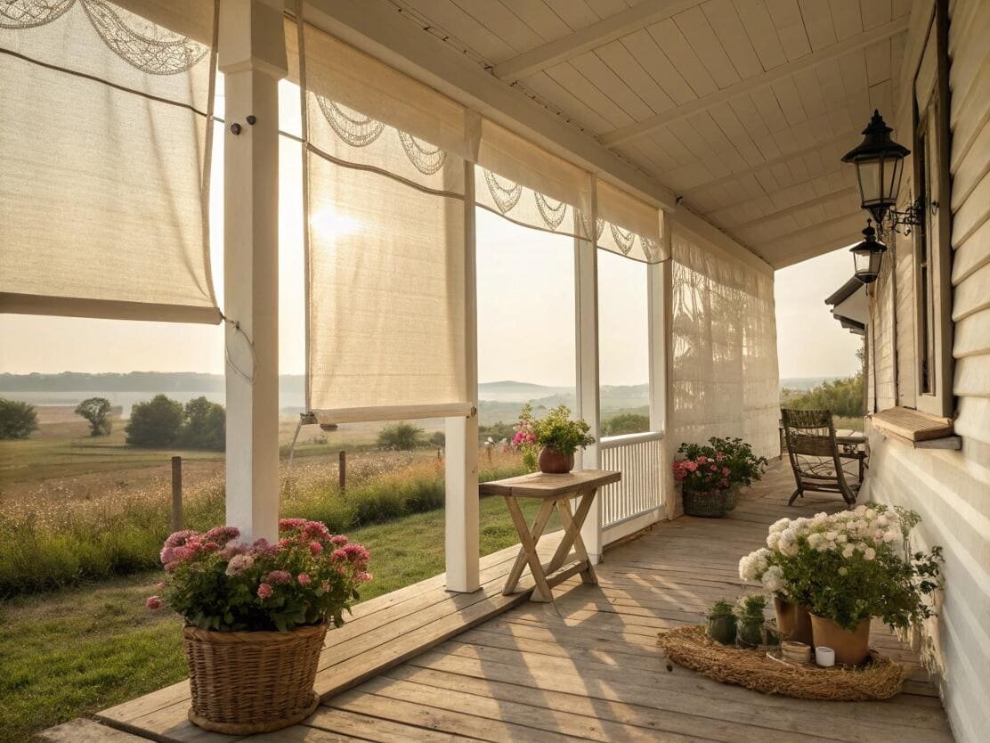 Charming farmhouse porch with decorative light-colored outdoor roll-up shades.
