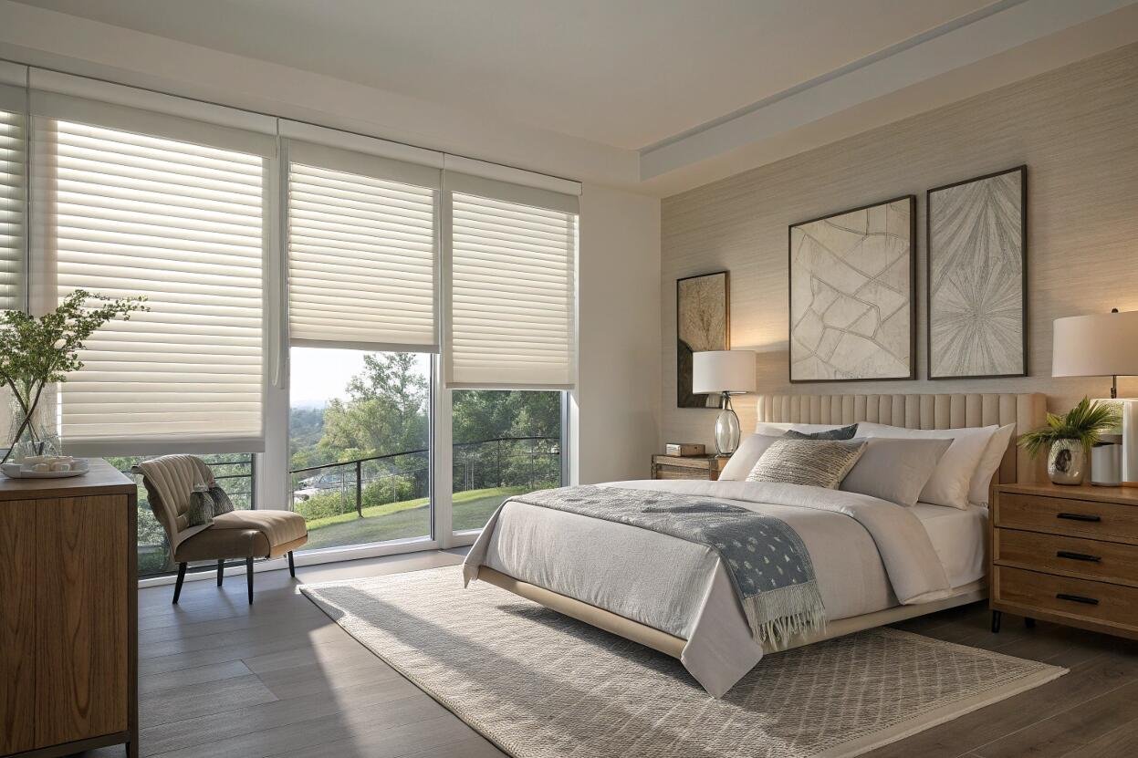 Bright bedroom with cream cellular shades providing softened natural light.