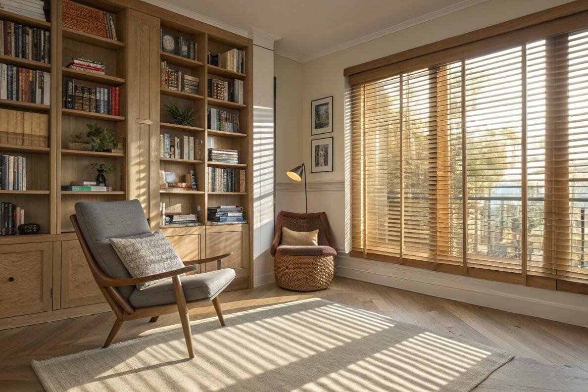 Classic study room with warm wood venetian blinds creating a relaxing atmosphere.