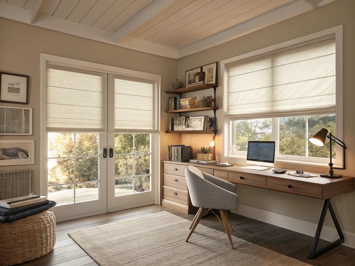 Cozy home office with stylish roman shades and natural outdoor view.
