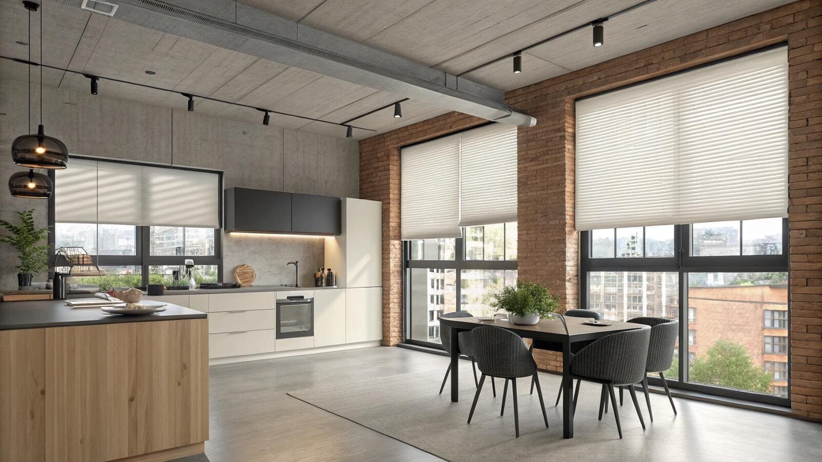 Modern kitchen featuring honeycomb shades for light control and privacy.