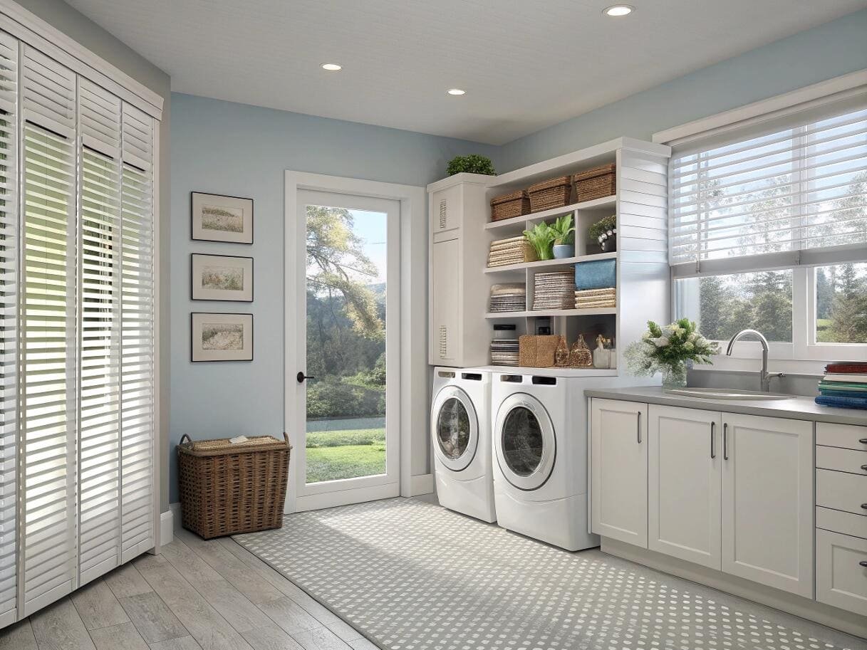 Laundry room with white shutter blinds for light control.