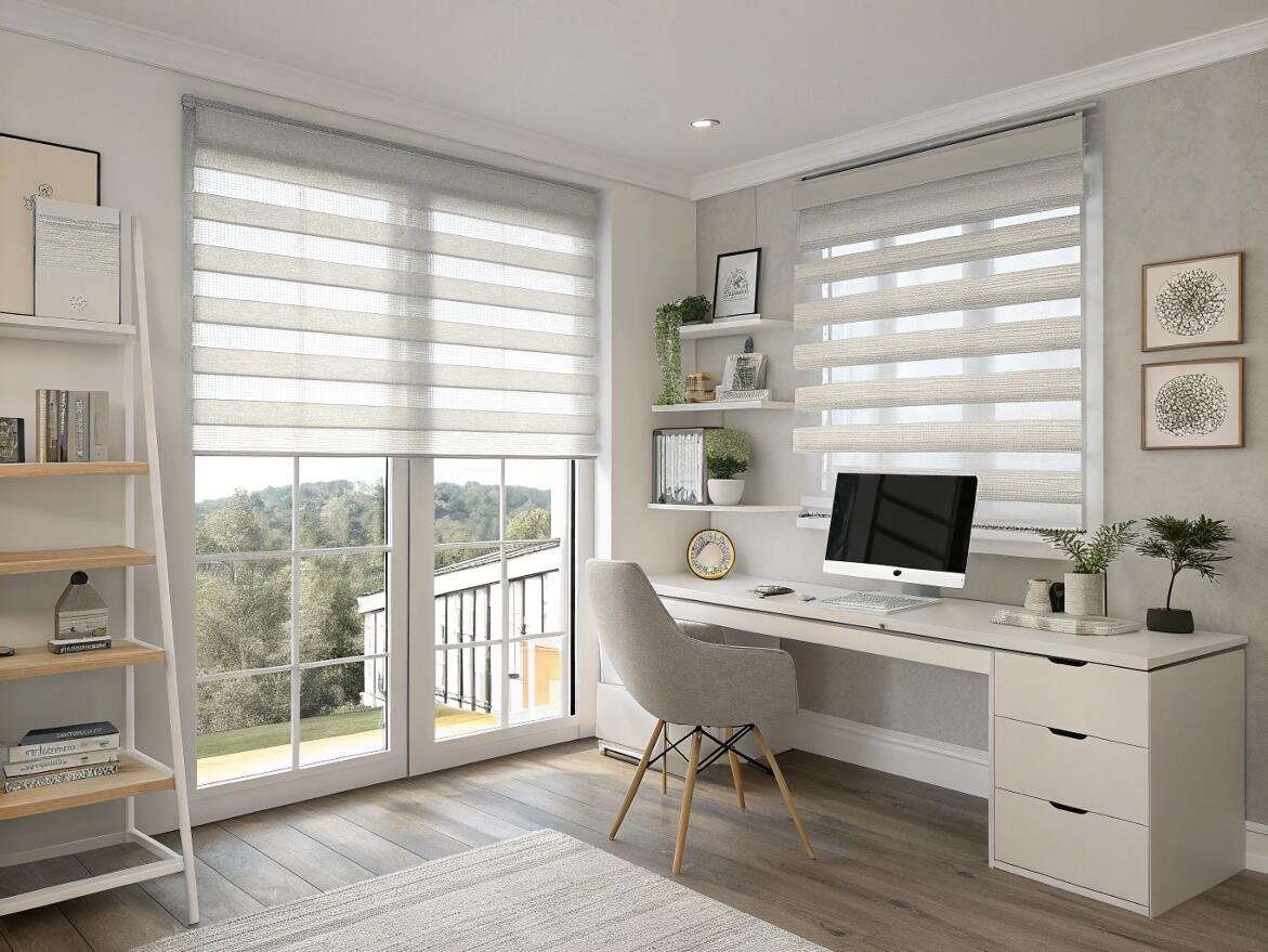 A clean, bright home office featuring light-filtering zebra shades for a minimalist look.