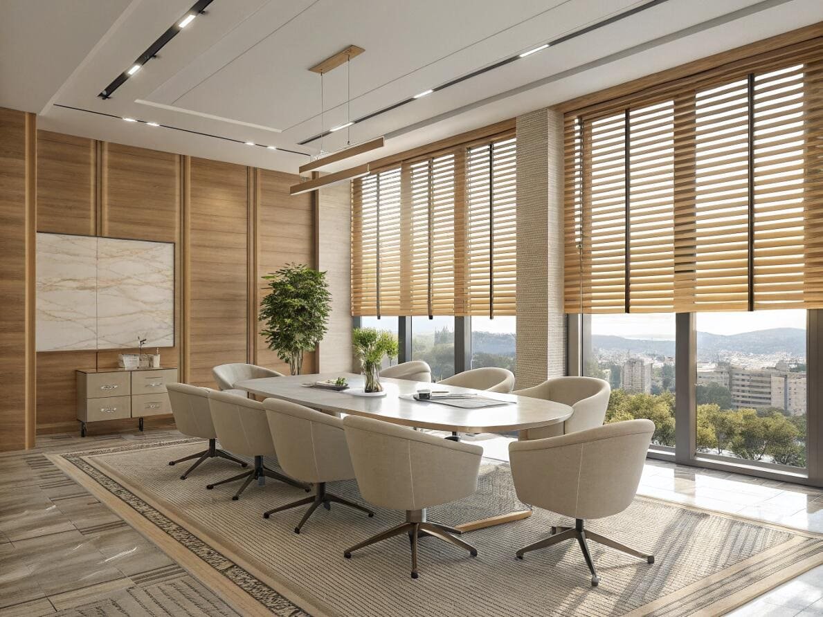 Modern commercial meeting room with light wood venetian blinds for a professional aesthetic.