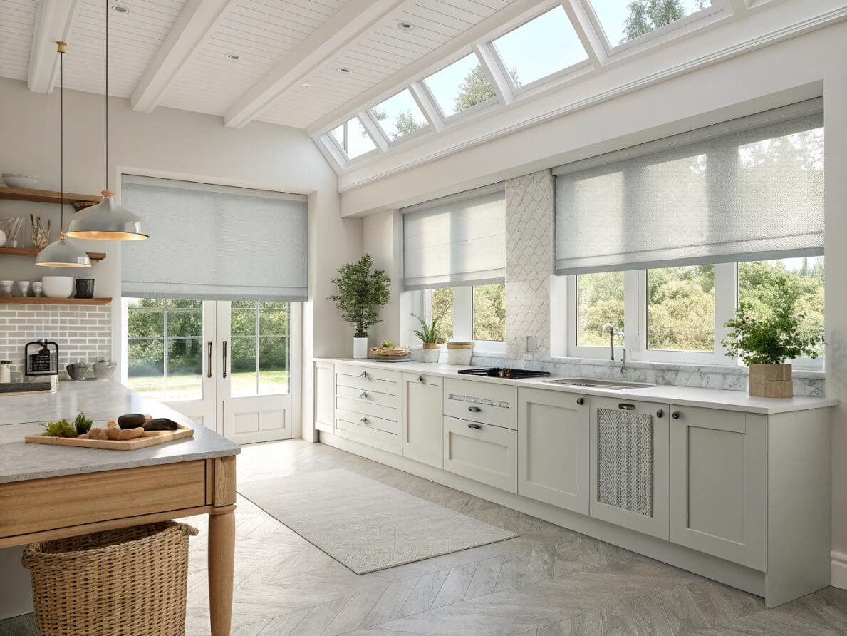 Bright, airy kitchen with skylights and stylish light grey Roman shades.