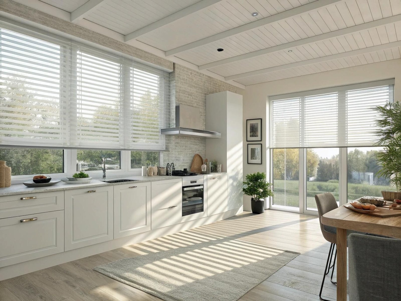 Light and airy modern kitchen featuring white sheer horizontal blinds for soft light.