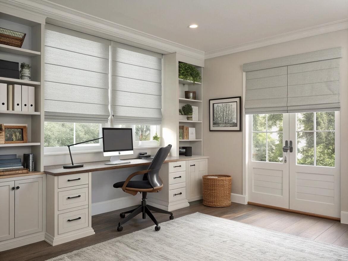 Clean, organized home office with custom light grey Roman shades for a productive space.