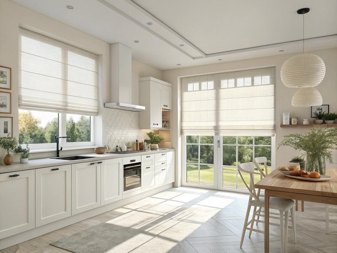 Modern farmhouse kitchen featuring custom light-filtering fabric Roman shades for a welcoming ambiance.