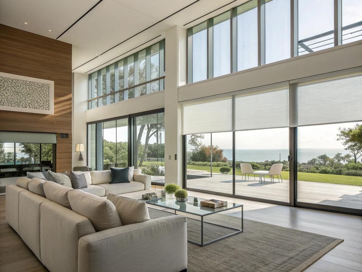 Luxury home with large motorized roller shades for expansive windows overlooking the ocean.