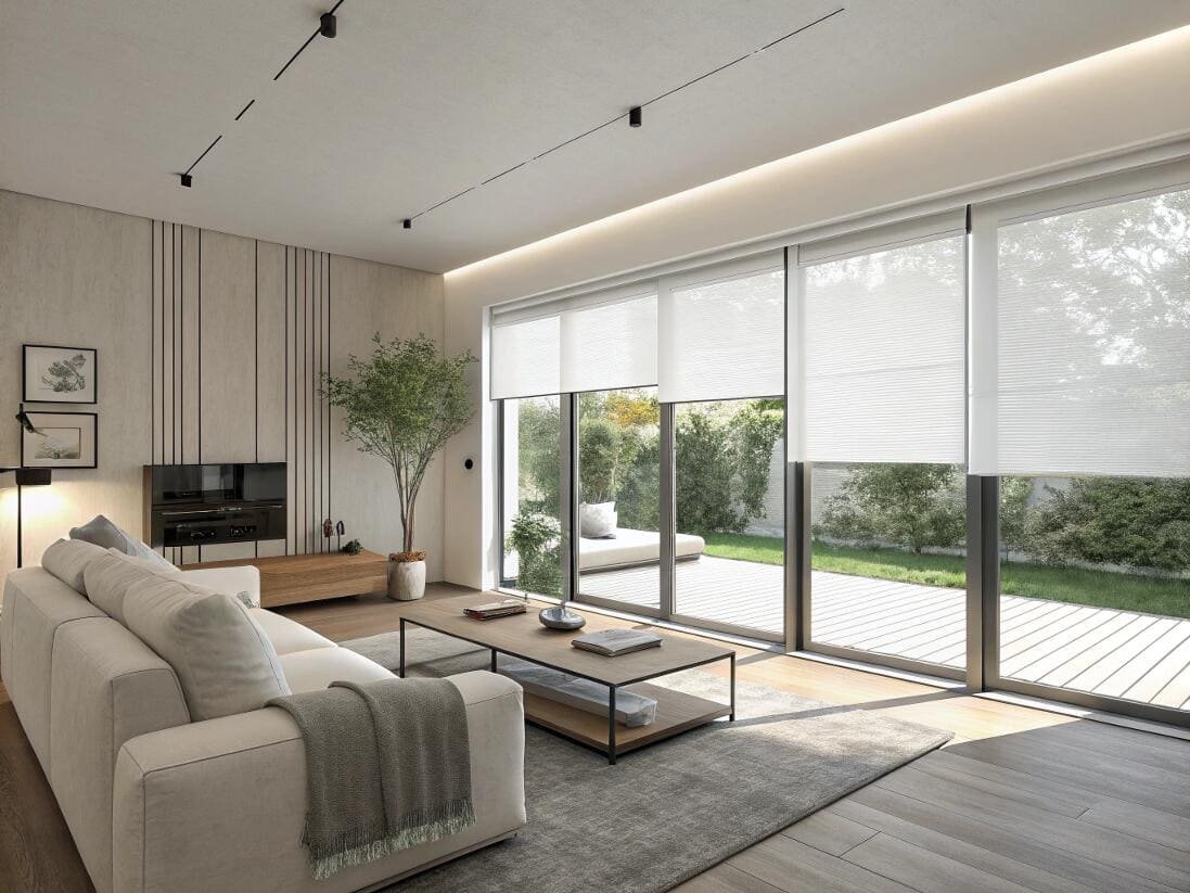 Bright, minimalist living room with energy-efficient cellular shades on large patio doors.