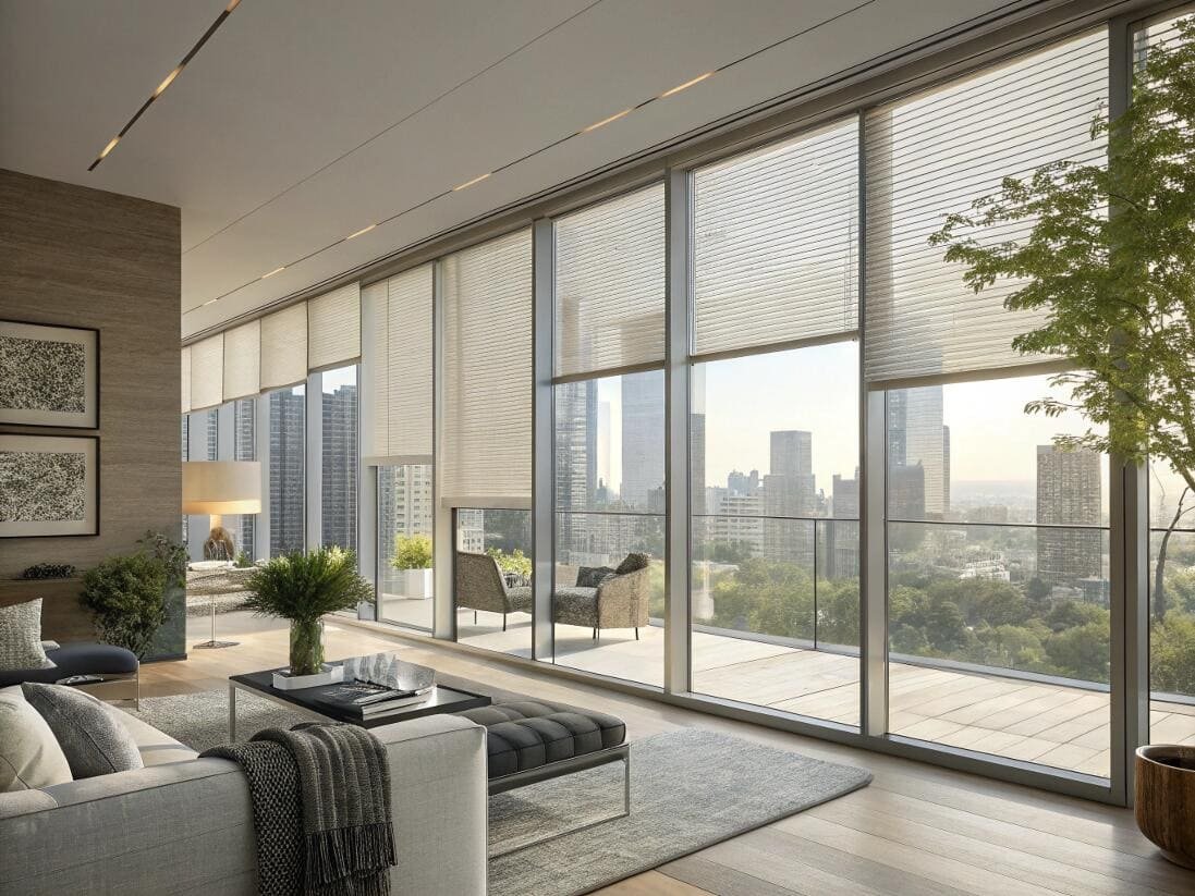 Penthouse apartment featuring floor-to-ceiling cellular shades for views and thermal performance.