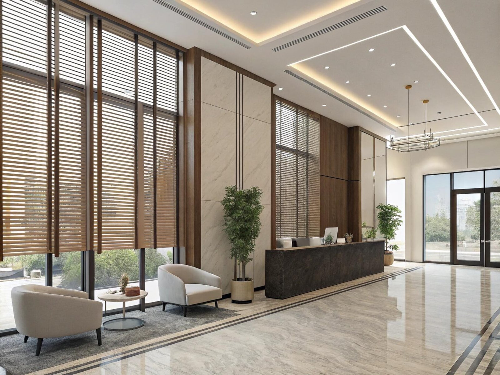 Impressive commercial lobby with automated wooden blinds on tall windows for a modern look.