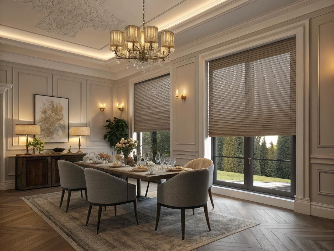 Elegant dining room with high-quality champagne-colored cellular shades for ambient lighting control.