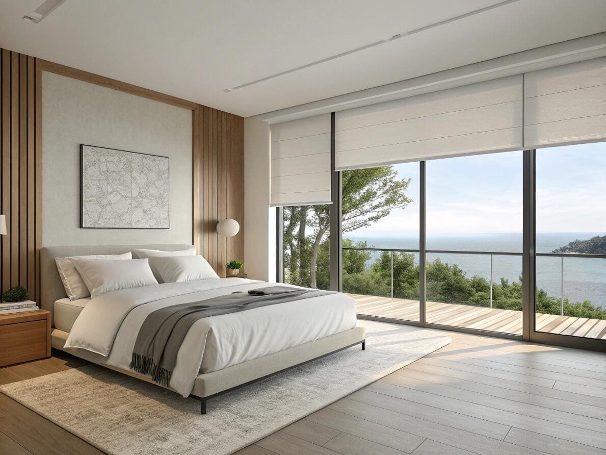 Serene bedroom with wide motorized Roman shades for a seamless view of the ocean.