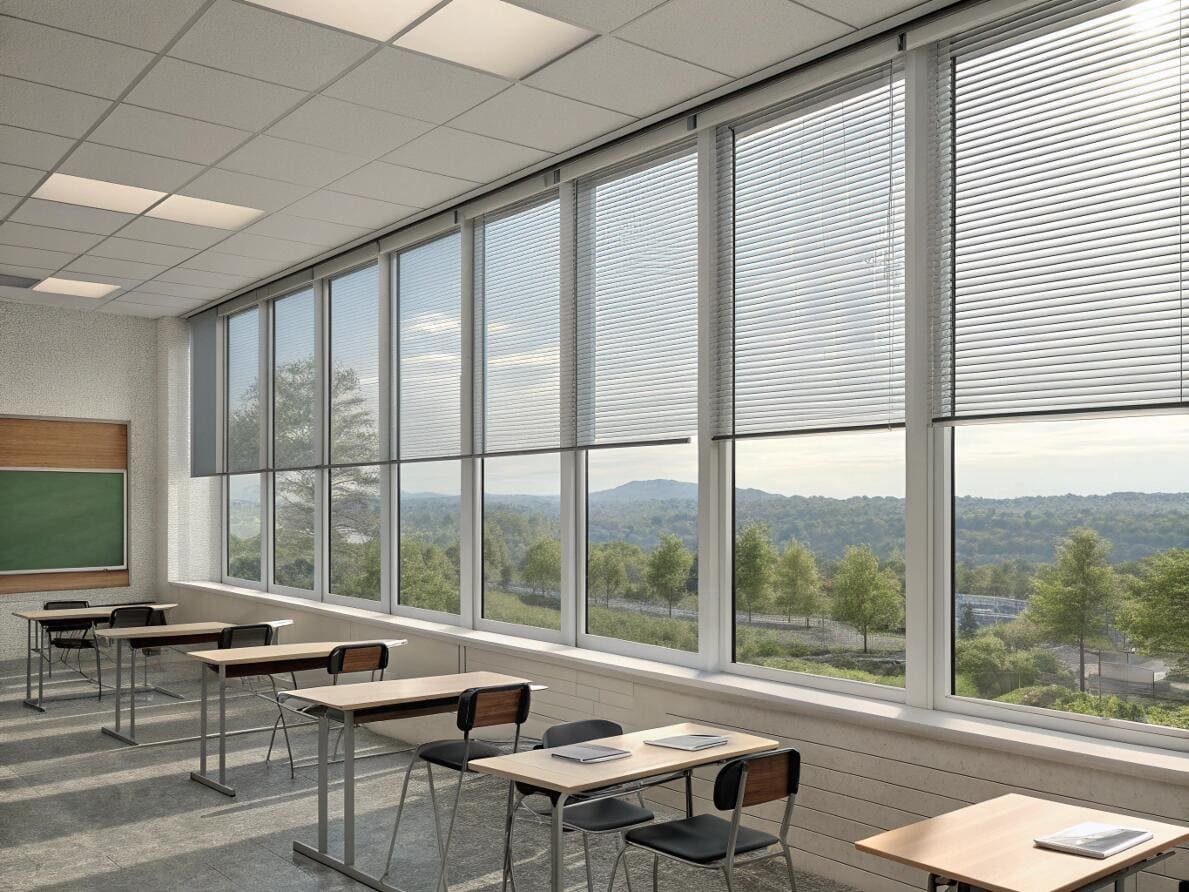 Cost-effective aluminum blinds offering practical light control for a school classroom environment.