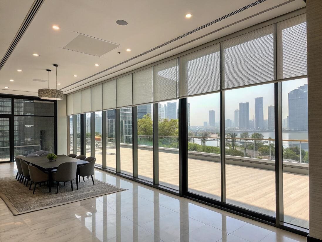 Commercial dining space with energy-efficient cellular shades for floor-to-ceiling windows.