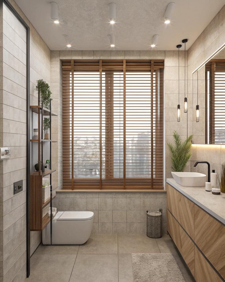 Modern bathroom with wooden Venetian blinds on a large window.