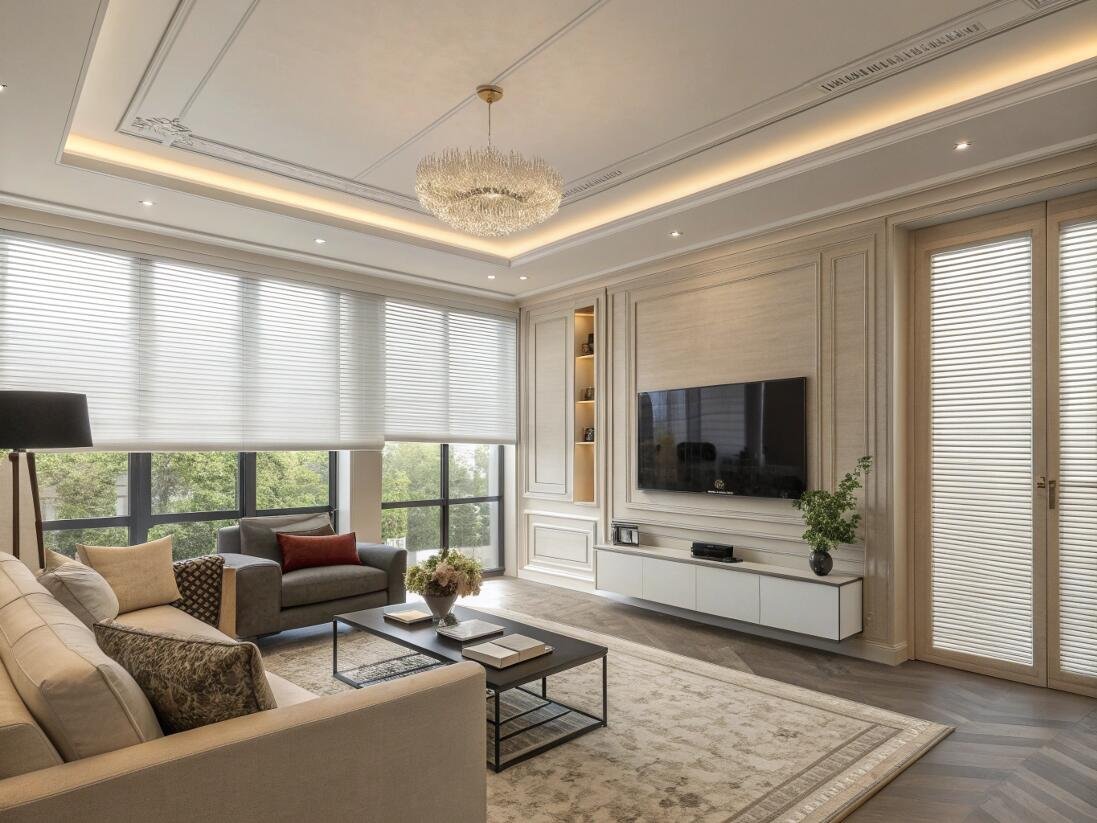 Elegant cellular shades providing privacy and insulation in a classic living room design.
